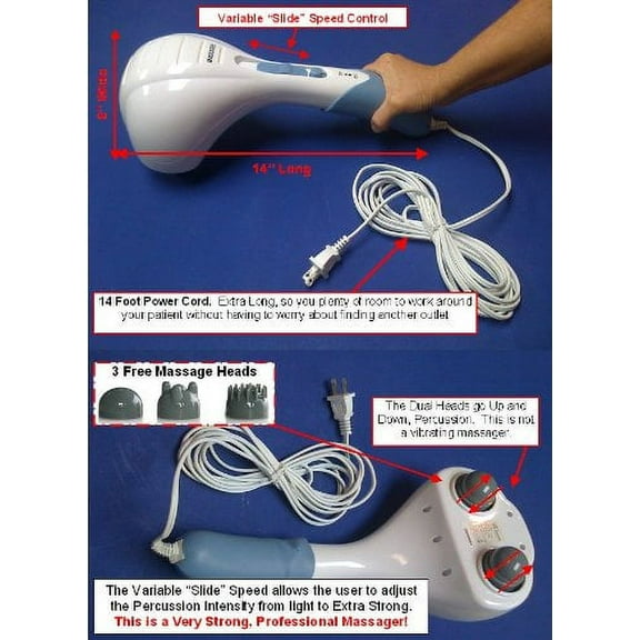 TheraRub Massager Percussion Double Head Electric Massager, 14 Foot Extra Long Power Cord
