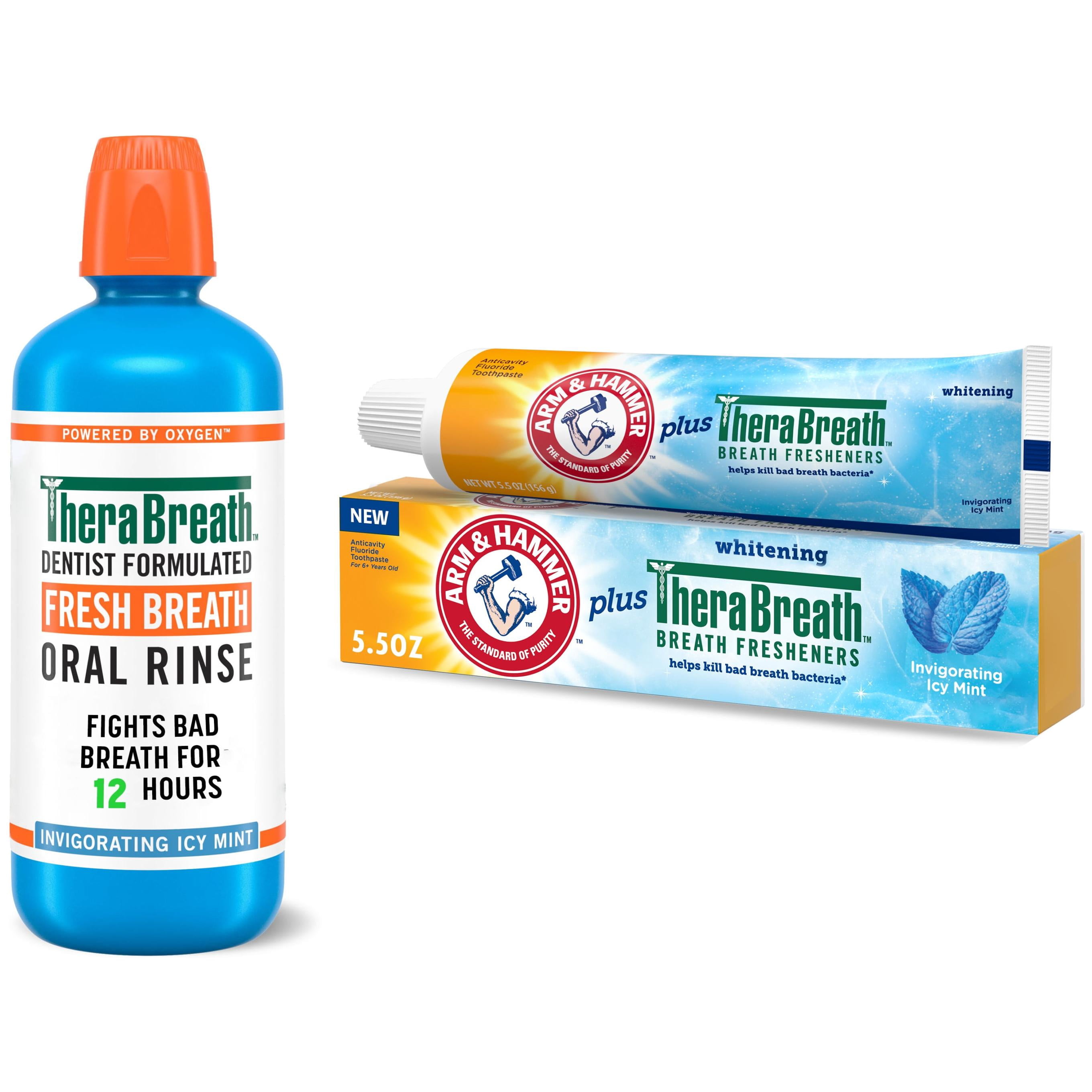 Arm & Hammer Plus TheraBreath Icy Mint Bundle: Fresh Breath Mouthwash 1L + Toothpaste 2 Pack