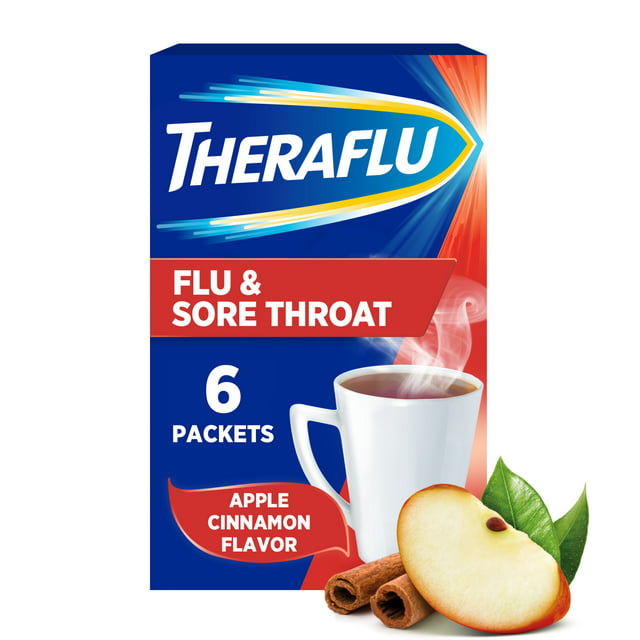 Theraflu Cold, Flu and Sore Throat Relief Powder, Apple Cinnamon, 6 Packets