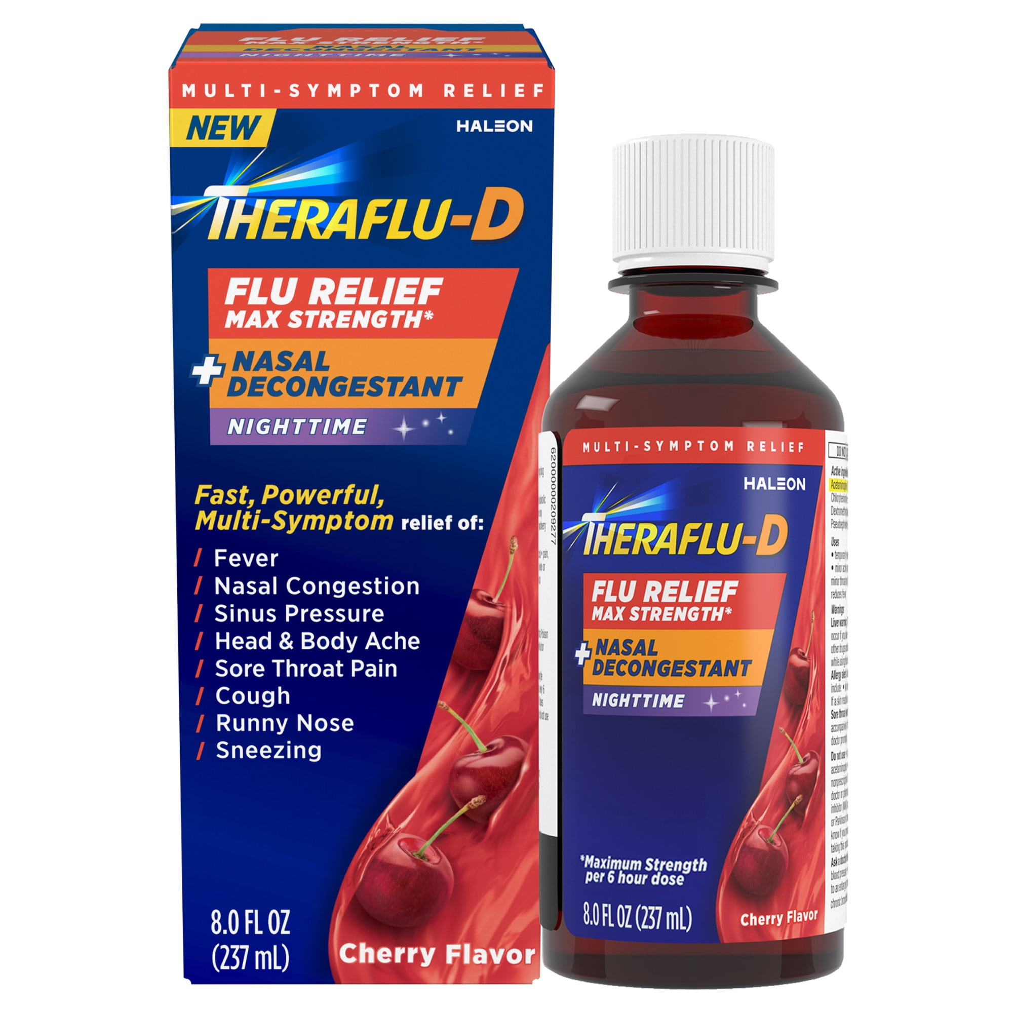 Theraflu-D Flu Relief Max Strength Syrup, Nighttime Medicine, Cherry Flavor, 8 Fl Oz Bottle