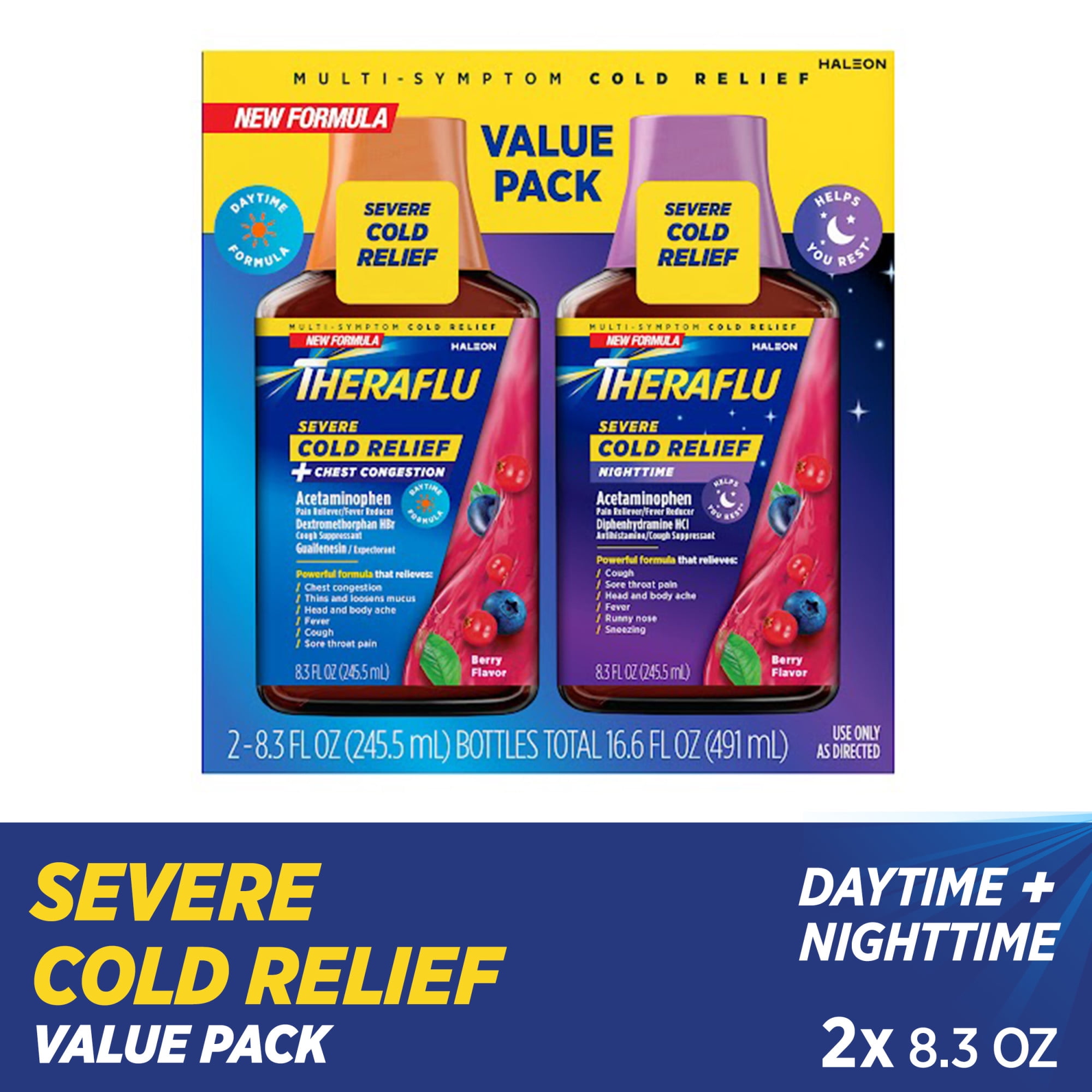 Theraflu Severe Cough Cold and Flu Day and Nighttime Relief Medicine Syrup, Berry, 8.3 Fl Oz, 2 Pack