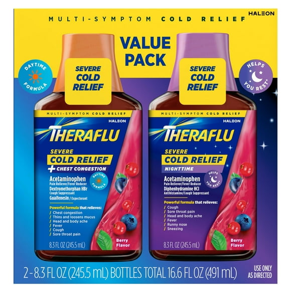 Theraflu Severe Cough Cold and Flu Day and Nighttime Relief Medicine Syrup, Berry, 8.3 Fl Oz, 2 Pack
