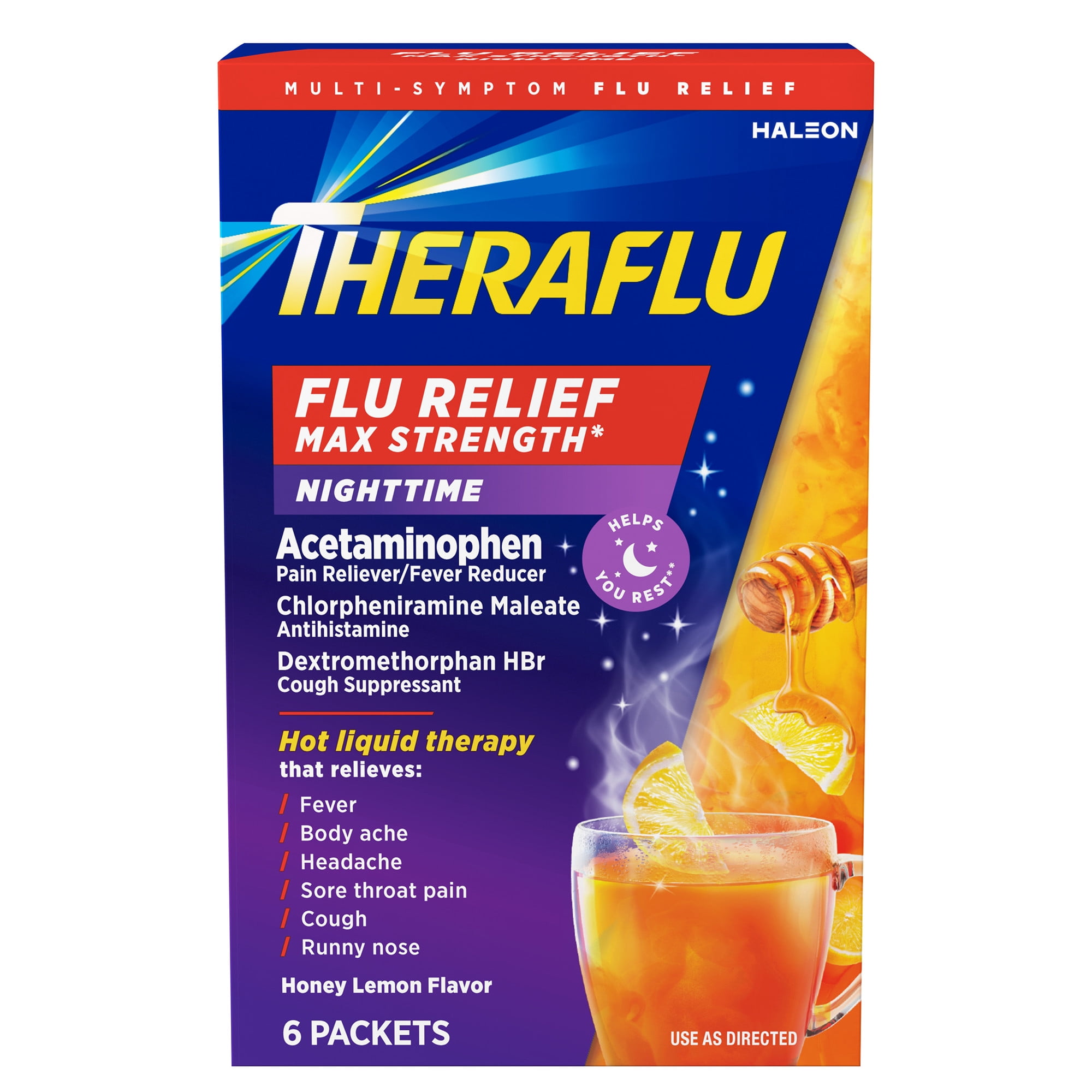 Theraflu Max Strength Nighttime Cough Cold and Flu Relief Medicine Powder, Honey Lemon, 6 Count