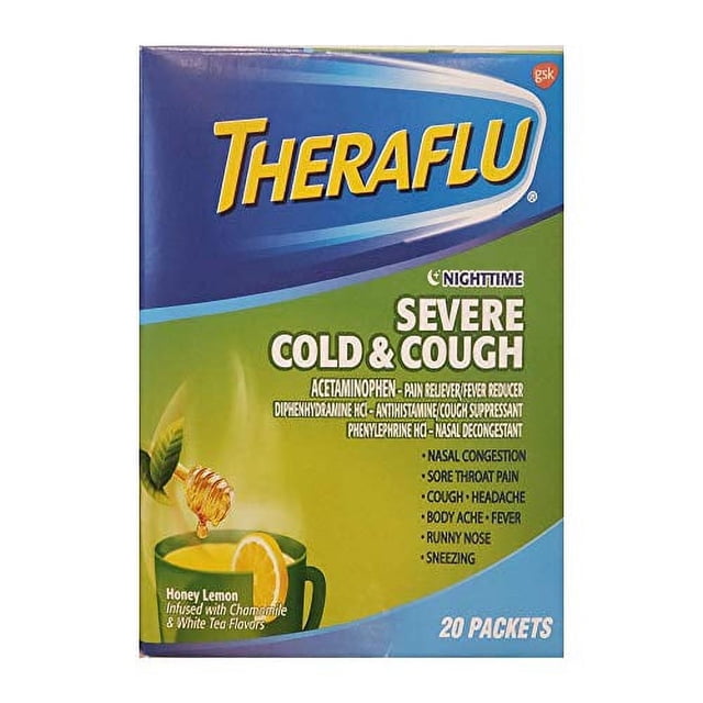 Theraflu Severe Cold & Cough Nighttime, Honey Lemon, 20 Packets ...