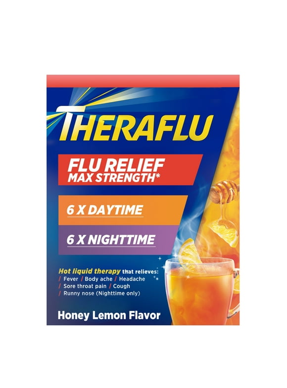 Theraflu Severe Cough Cold and Flu Day and Nighttime Relief Medicine Powder, Green Tea and Honey Lemon Flavors, 12 Count