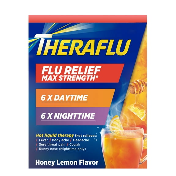 Theraflu Severe Cough Cold and Flu Day and Nighttime Relief Medicine Powder, Green Tea and Honey Lemon Flavors, 12 Count