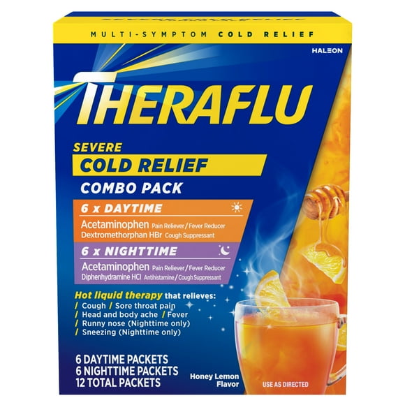 Theraflu Severe Cough Cold and Flu Day and Nighttime Relief Medicine Powder, Honey Lemon, 12 Count