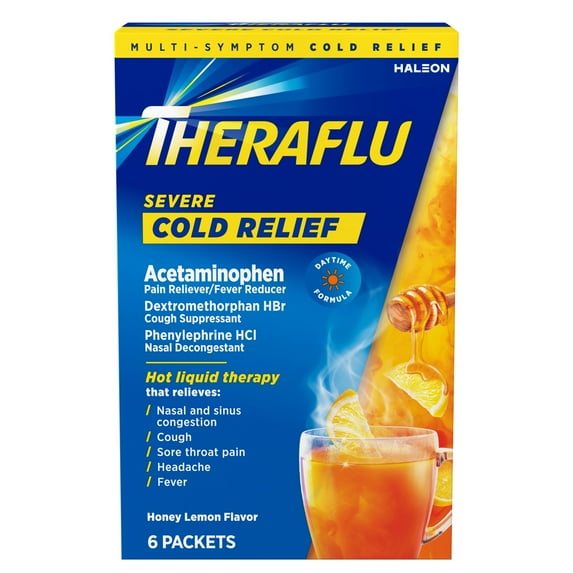 Theraflu Severe Cough Cold and Flu Daytime Relief Medicine Powder With Acetaminophen, Green Tea and Honey Lemon, 6 Count