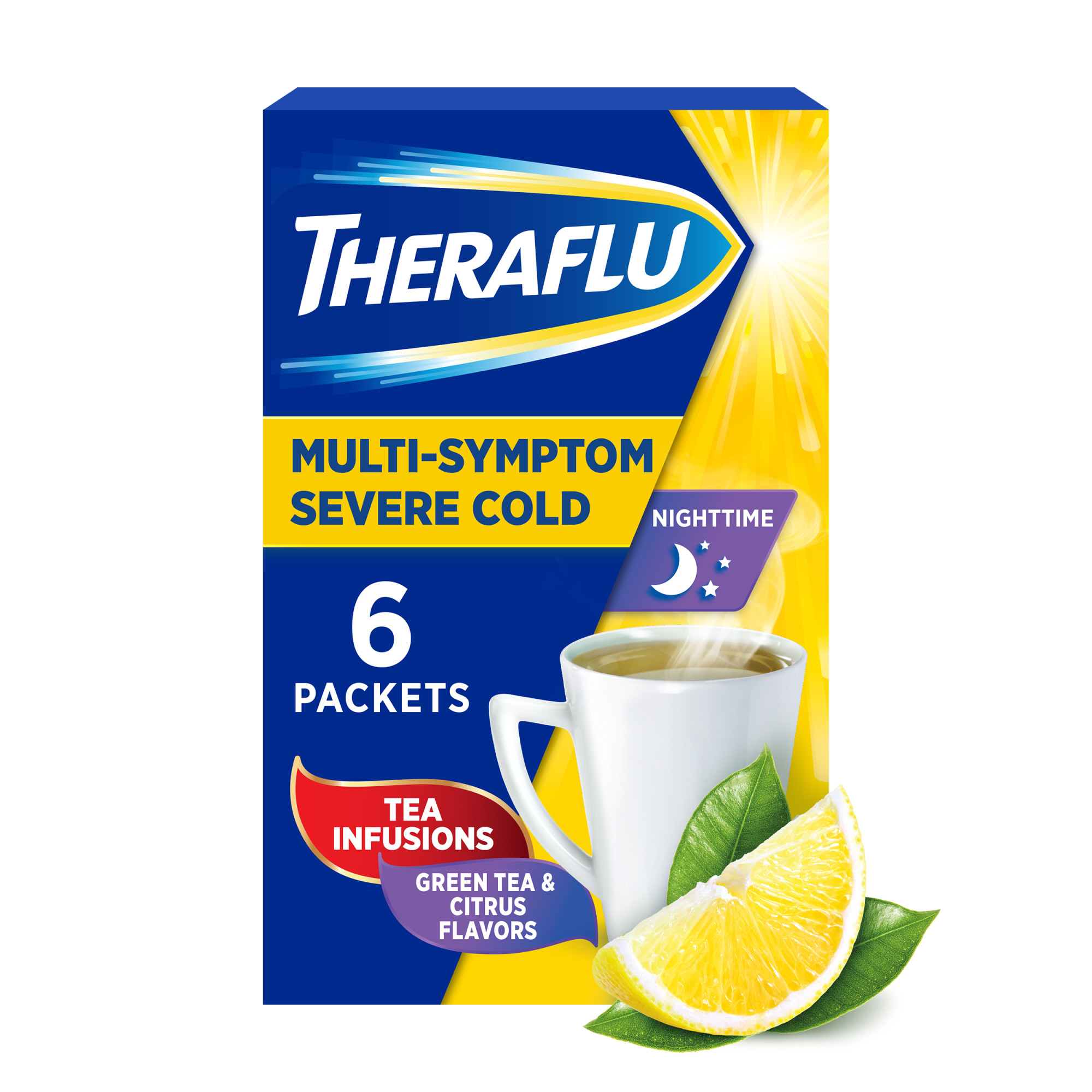 Theraflu Severe Cough Cold and Flu Nighttime Relief Medicine Powder, Green Tea and Citrus, 6 Count - image 1 of 12