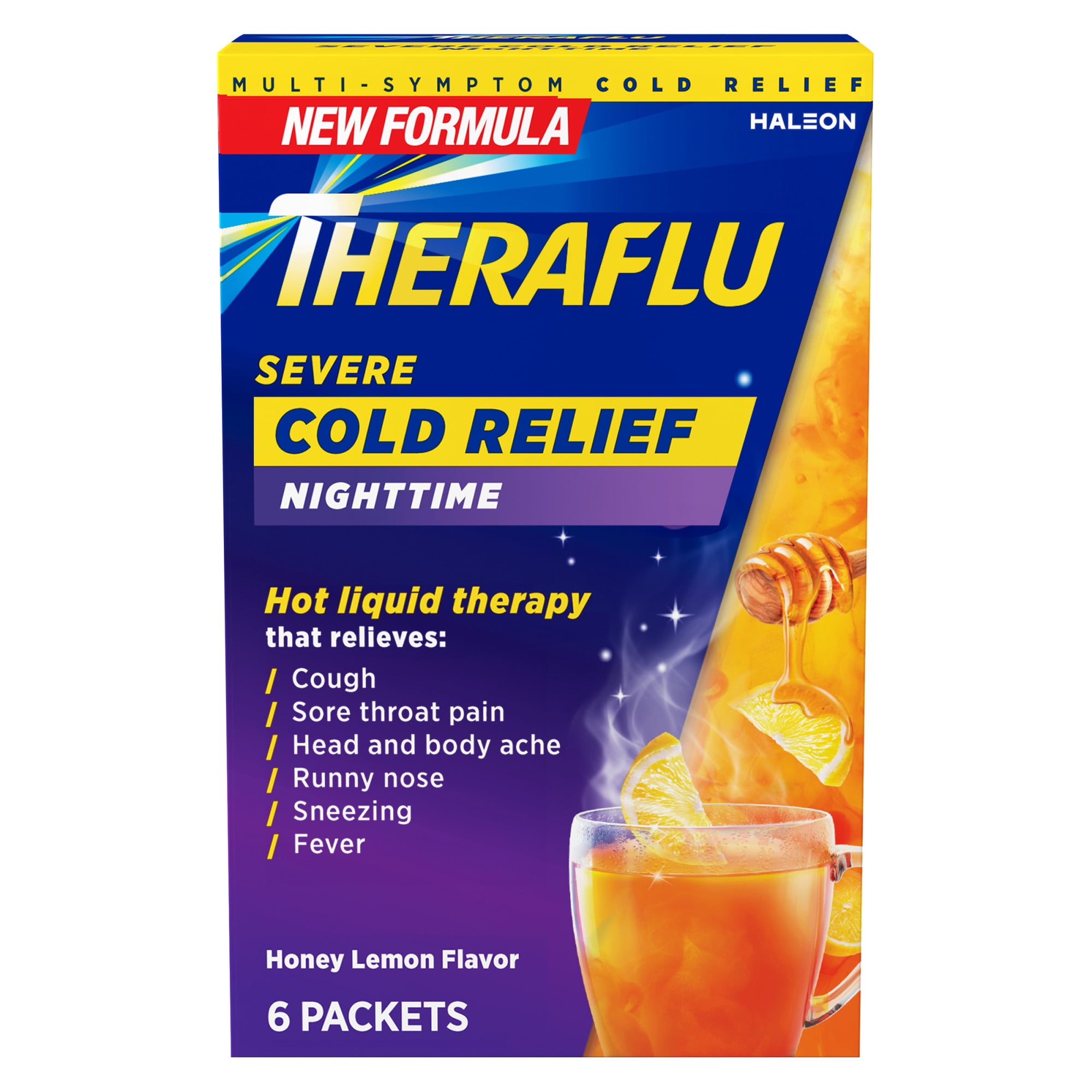 Theraflu Severe Cough Cold and Flu Nighttime Relief Medicine Powder, White Tea and Honey Lemon, 6 Count