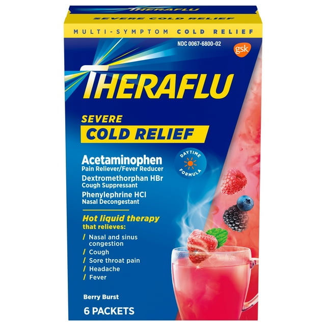 Theraflu Severe Cough Cold and Flu Nighttime Reliever Medicine Powder, Berry and Green Tea, 6