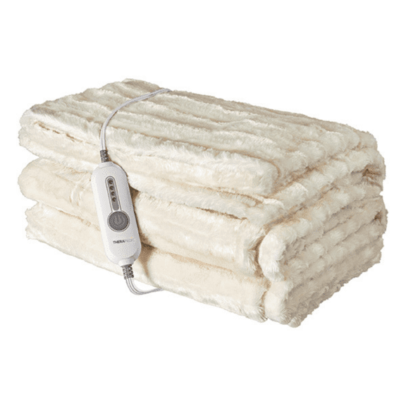 Therapedic Home Solutions Luxe Heated Throw – Plug-In Electric Blanket with 4 Heat Settings, Faux Fur and Sherpa, Auto Shut-Off, Machine Washable, ETL Certified (50x70 Inches, Ivory)