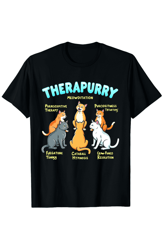 Therapurry Funny Cat Lover Therapy Cat Puns Mental Health Graphic Black T-Shirt for Men and Women