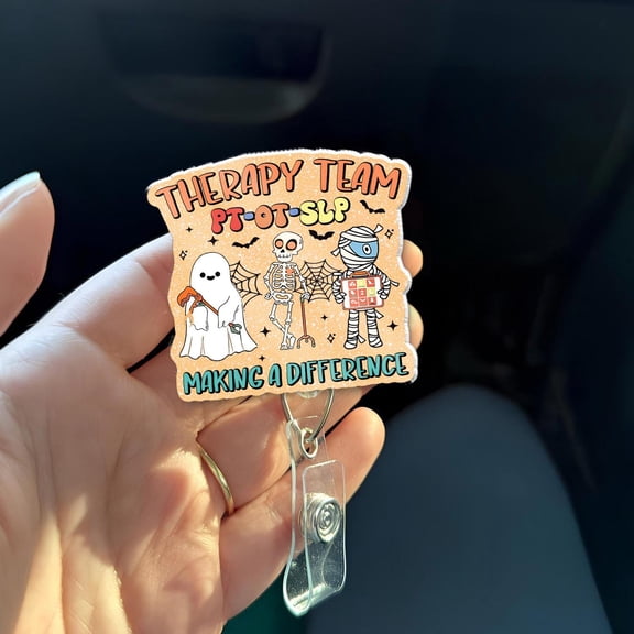 Therapy Team Badge Reel | PT OT SLp Halloween Badge Holder | Physical Occupational Speech Therapy Retractable ID Clip for Rehab Staff