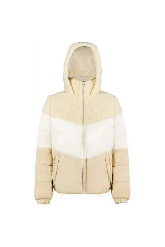 Vegan Ladies Down Alternative Hooded Zip Front Bomber Jacket with tonal Mix Media Fabrication and Sherpa trims, Cream, XL