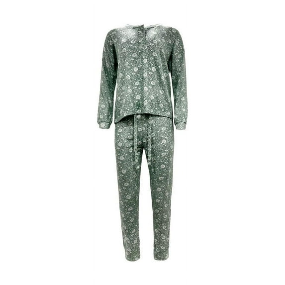 Therapy Women's 2pc Long Sleeve Button Front Henley Top Sleepwear Set with Long Jogger Pants Soft Pajama Set-Floral-Large