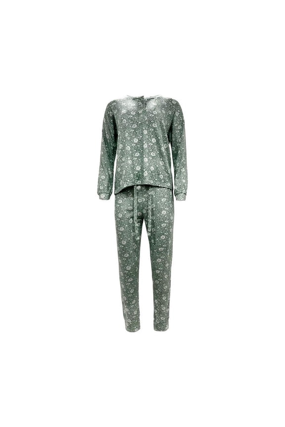 Women's 2pc Long Sleeve Button Front Henley Top Sleepwear Set with Long Jogger Pants Soft Pajama Set-Floral-Medium