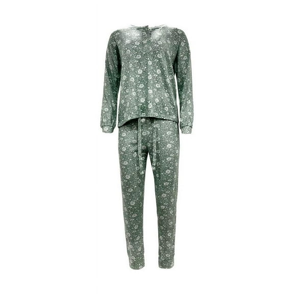 Therapy Women's 2pc Long Sleeve Button Front Henley Top Sleepwear Set with Long Jogger Pants Soft Pajama Set-Floral-Small