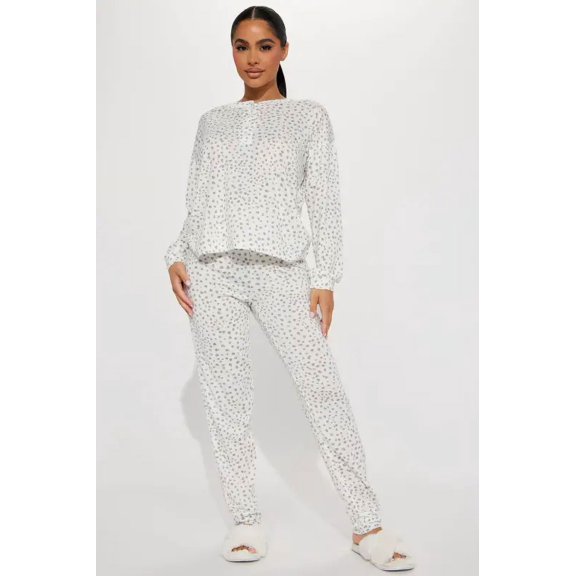 Therapy Women's 2pc Long Sleeve Button Front Henley Top Sleepwear Set with Long Jogger Pants Soft Pajama Set-Leopard-X Large