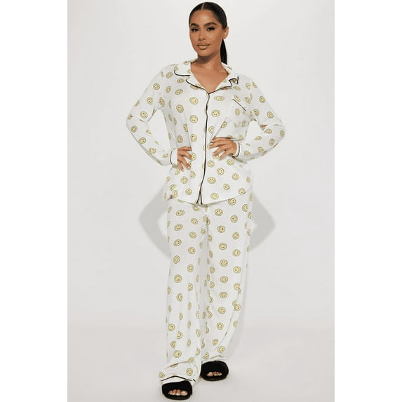 Therapy Women's 2pc Long Sleeve Button Front Notched Collar Sleepwear Set with Long Pants Soft Pajama Set-Face-Small