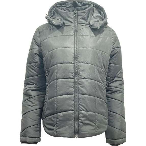 Therapy Women's Lightweight Long-Sleeve Full-Zip Packable Hooded Puffer Jacket-Grey-Large