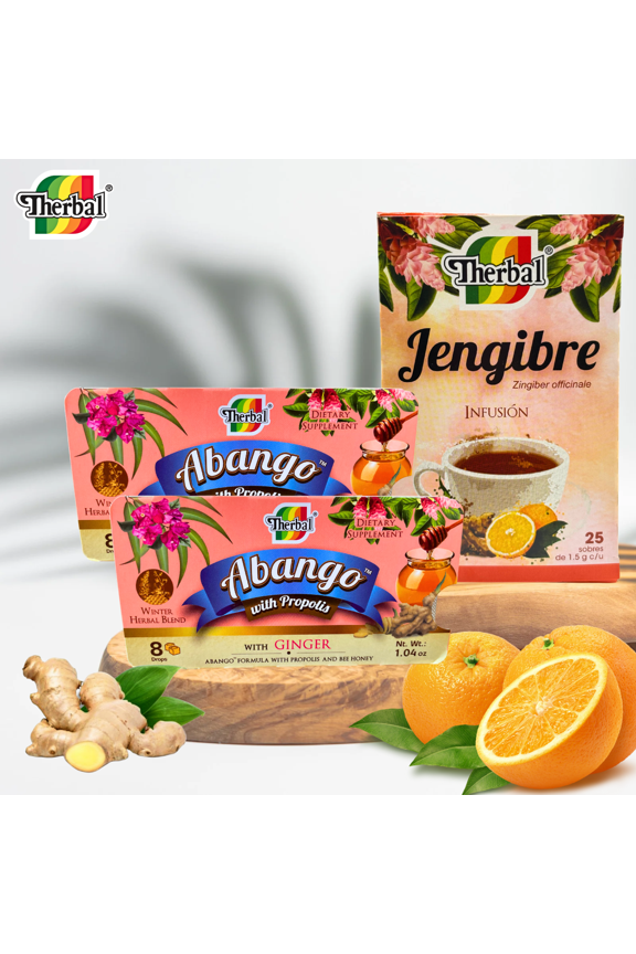 Abango with Propolis Cough Drops (8 Drops Each) + Ginger Herbal Tea 25 Bags Natural Herbal Blend with Honey & Citrus Flavor 3 Pack Combo