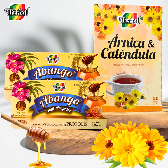 Therbal Abango with Propolis Drops & Arnica Calendula Herbal Tea Combo 16 Lozenges + 20 Infusion Bags