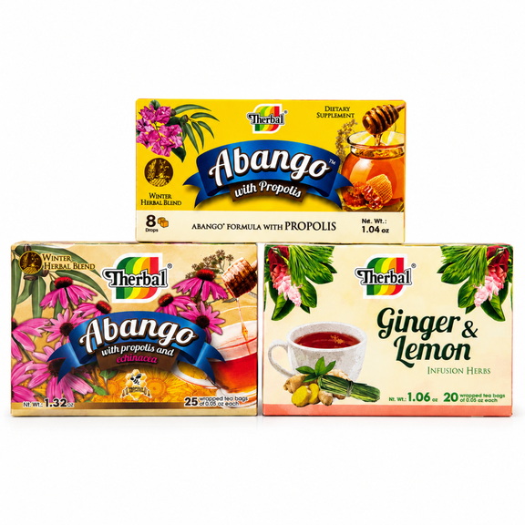 Therbal Herbal Wellness Bundle, Abango with Propolis Herbal Drops, Abango Propolis & Echinacea Herbal Tea & Ginger Lemon Herbal Tea, 3-Piece Bundle