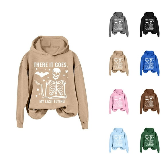 There It Goes My Last Flying Halloween Hoodies for Women Funny Skeleton Bat Graphic Hoodie Sweatshirt Pullover Tops