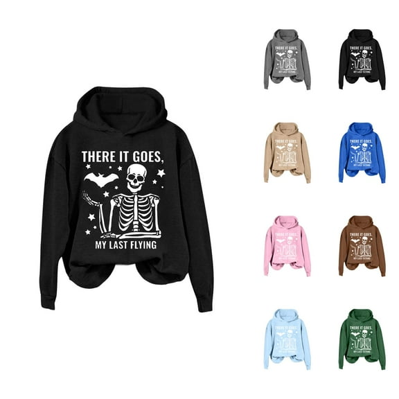 There It Goes My Last Flying Halloween Hoodies for Women Funny Skeleton Bat Graphic Hoodie Sweatshirt Pullover Tops