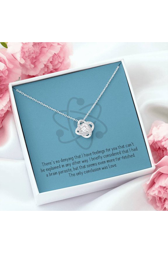 There'S No Denying I Have Feelings For You, Love Knot Atom Necklace, Beautiful Necklace, Message Card and Box, Gold Love Knot Necklace