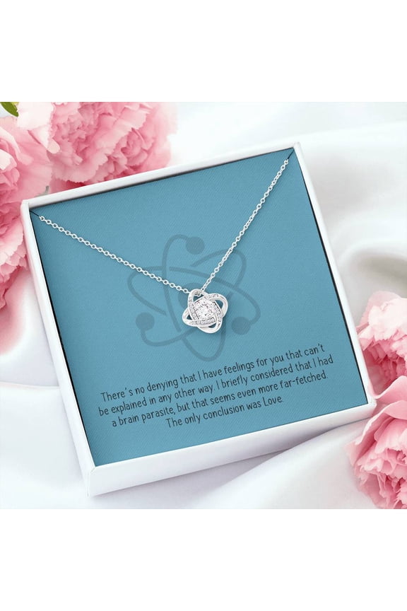 There'S No Denying I Have Feelings For You, Love Knot Atom Necklace, Beautiful Necklace, Message Card and Box, White Love Knot Necklace