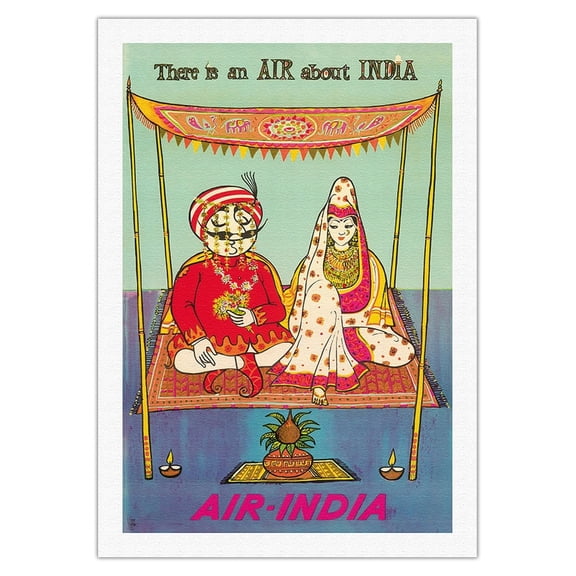 There is an AIR about INDIA - Indian Maharajah - Air India - Vintage Airline Travel Poster c.1950s - Fine Art Rolled Canvas Print 27in x 40in