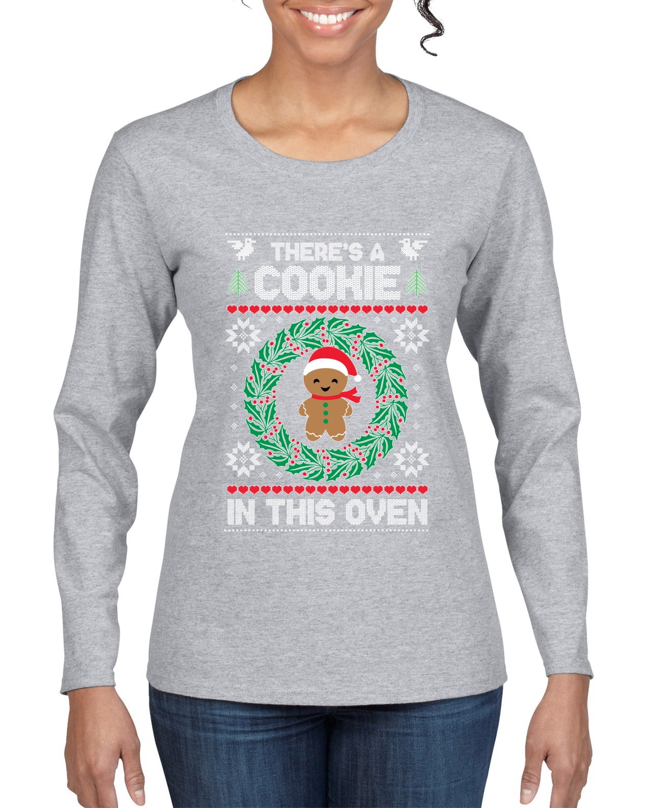 Theres a Cookie in this Oven Pregnancy Announcement Ugly Christmas Sweater  Womens Graphic Long Sleeve T-Shirt, Red, Large - Walmart.com
