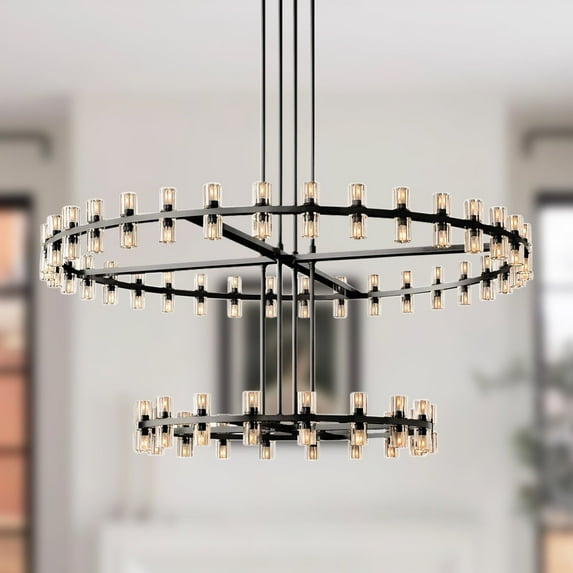 Modern Round Black Metal 2-Tier 60 Inch Dia Chandelier with Clear Crystal Shade, Industrial Design Ceiling Light, Elegant Ceiling Lamp for Living Room, Dining Room