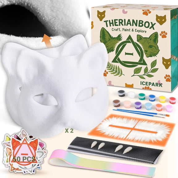 Therian Cat Mask Craft Kit - Set of 2 with Pre-Felted Mask Base, Mesh, Artificial long-haired fabric Artificial Fangs & Stickers AllinOne Box Unleash Your Inner Spirit