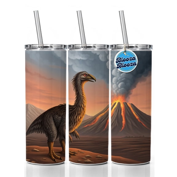 Therizinosaurus Volcano Erupting Dinosaur 20oz Insulated Water Bottle Skinny Tumbler Includes Straw