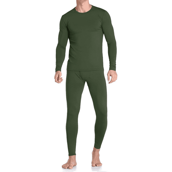 Therma Pro Mens Fleece Lined Thermal Top & Bottom Underwear Set, Long Johns Base Layer Ultra-Soft, Army Green, Large