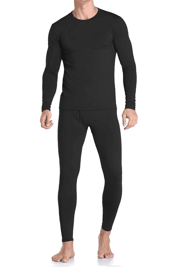 Mens Fleece Lined Thermal Top & Bottom Underwear Set, Long Johns Base Layer Ultra-Soft, Black, Small