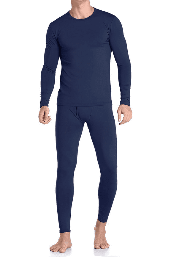 Mens Fleece Lined Thermal Top & Bottom Underwear Set, Long Johns Base Layer Ultra-Soft, Navy Blue, Medium