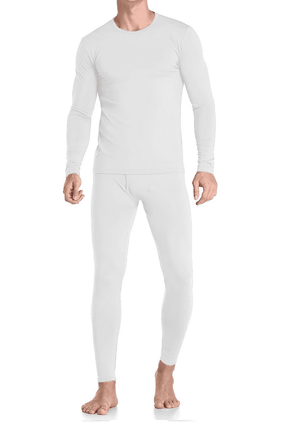 Mens Fleece Lined Thermal Top & Bottom Underwear Set, Long Johns Base Layer Ultra-Soft, White, Medium