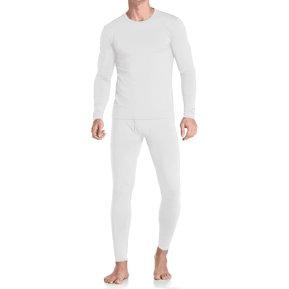 Therma Pro Mens Fleece Lined Thermal Top & Bottom Underwear Set, Long Johns Base Layer Ultra-Soft, White, Small