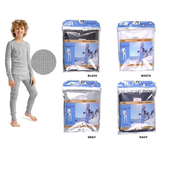 Therma Tek Boys Thermal Underwear Cotton Waffle Long Johns 2pc Top & Bottom, Black, M