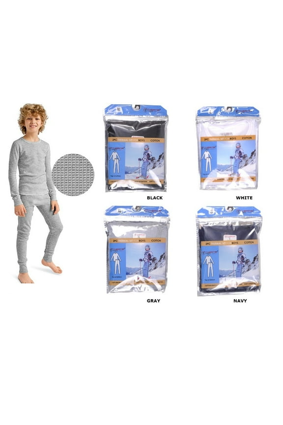 Therma Tek Boys Thermal Underwear Cotton Waffle Long Johns 2pc Top & Bottom, Gray, M