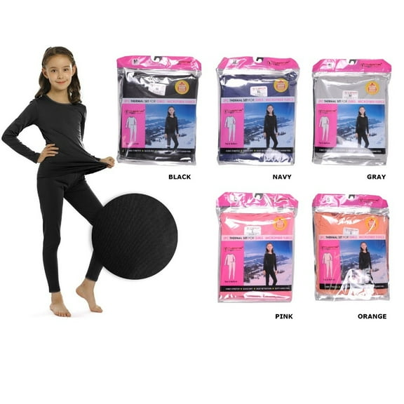 Therma Tek Girls Thermal Underwear Microfiber Fleece Long Johns 2pc Top & Bottom, Orange, S