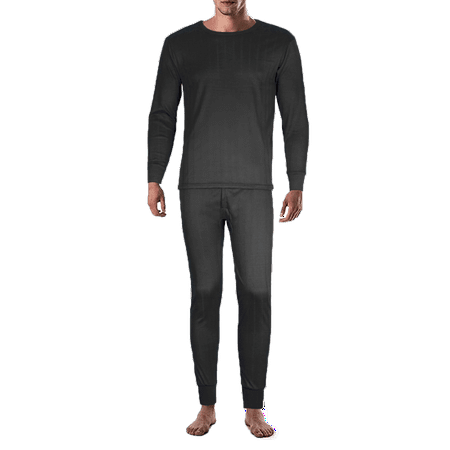 Therma Tek Men's 100% Cotton Brushed Lined Thermal Top & Bottom Underwear Set, Black, Large