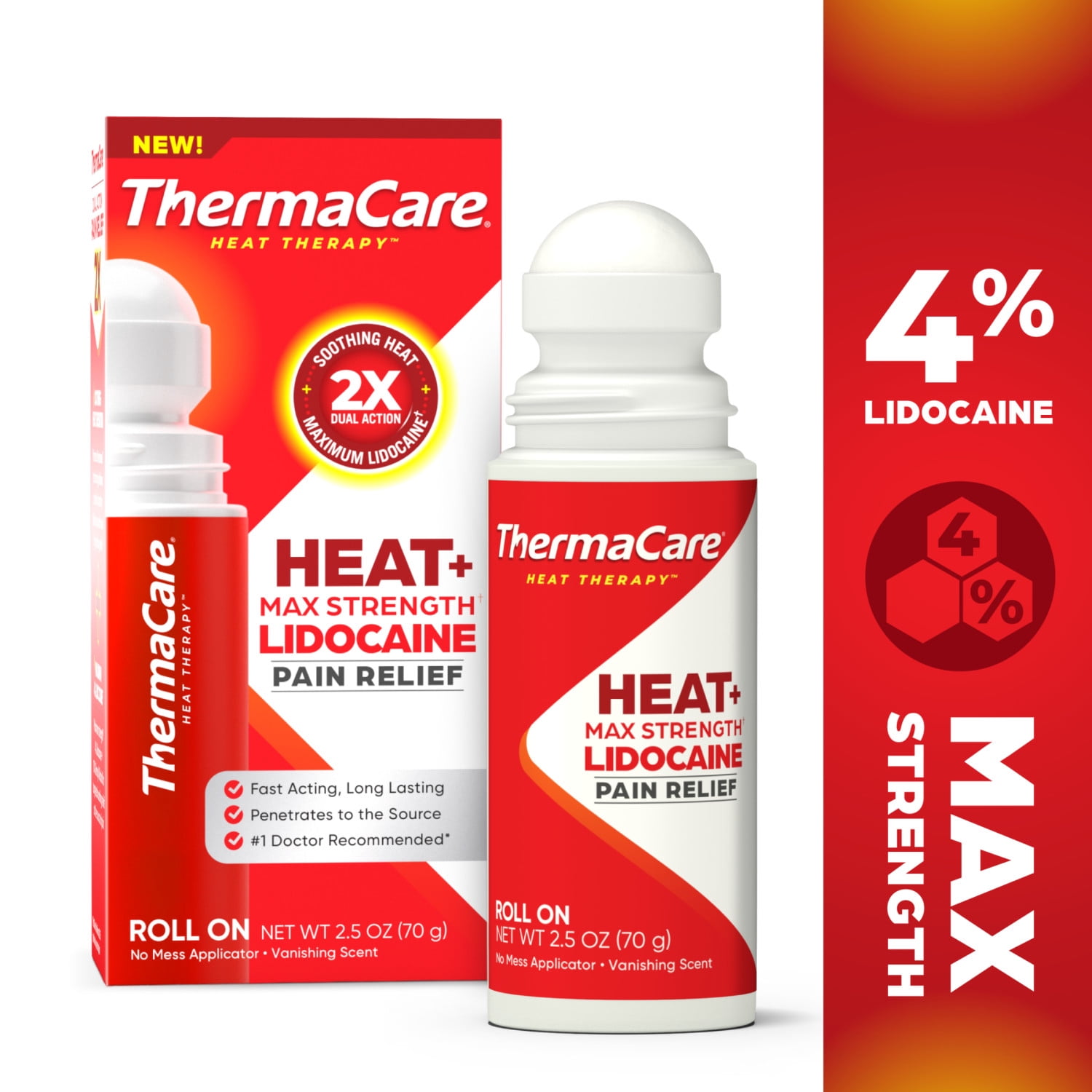 ThermaCare Heat + Max Strength Lidocaine Roll-On, Dual Action Pain