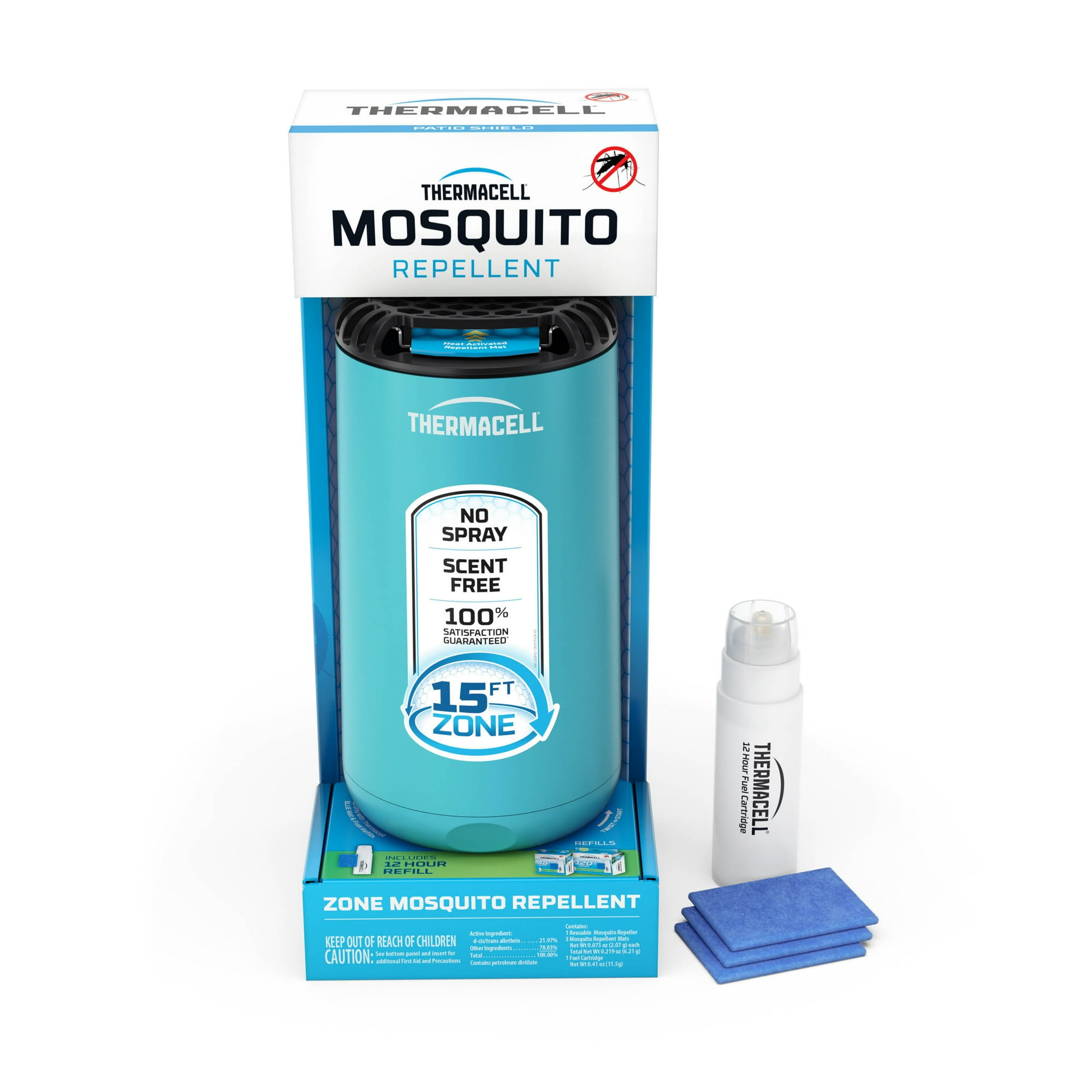 Thermacell Patio Shield Mosquito Repellent with 12-Hour Fuel Cartridge and 3 Repellent Mats, Glacial Blue