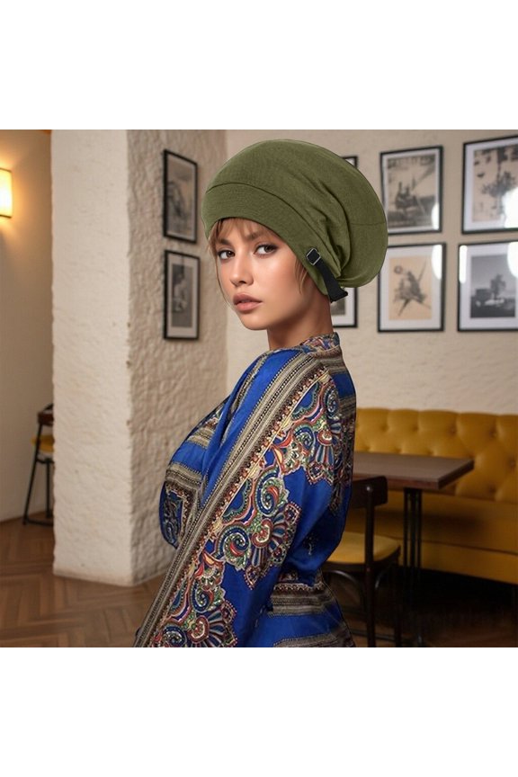 Thermal Beret for Home and Outdoor Use Extra Warm Double-Layer Knitted Slouchy Chemo Headwear with Adjustable Fit for All Seasons, Army Green