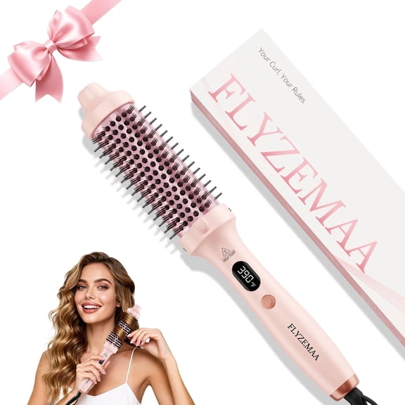 FLYZEMAA Thermal Brush, 3-in-1 Heated Round Brush for Straightening & Curling, 1.5-inch Ceramic Barrel, Dual Voltage, Pink